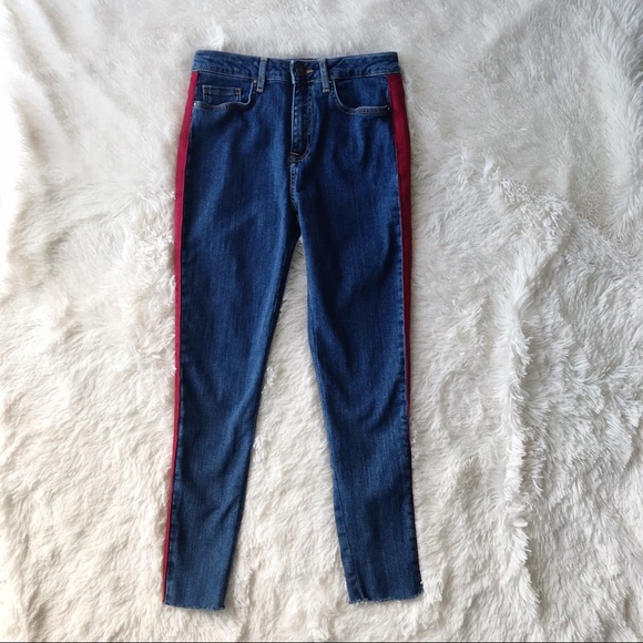 Forever twenty one red tuxedo stripe high rise raw hem cropped jeans Sz … - Picture 7 of 10